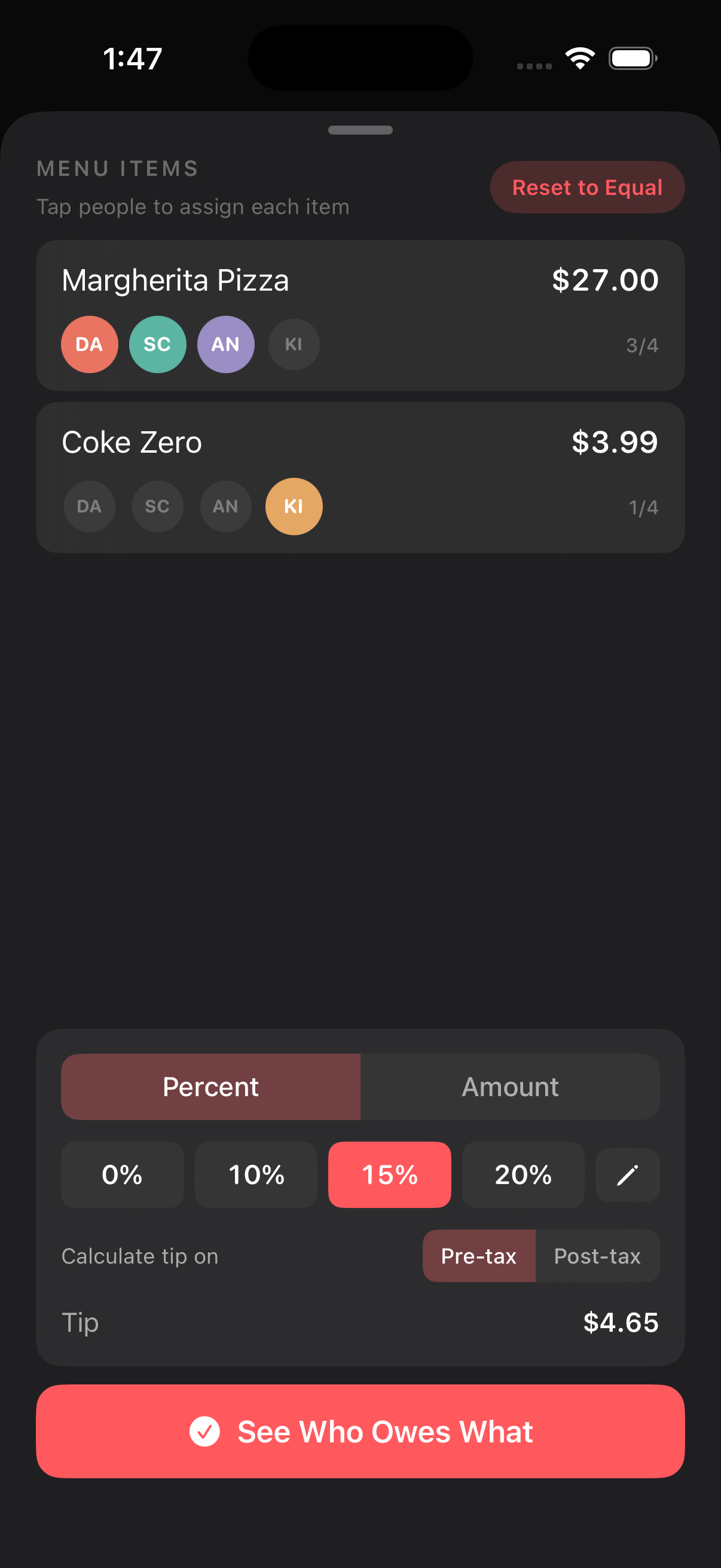 Forks app item assignment screen showing colorful seat avatars assigned to menu items