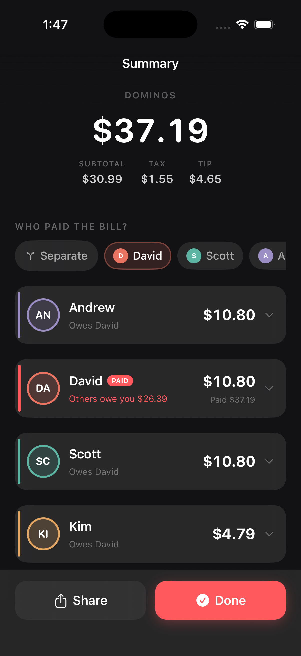 Forks app showing bill split summary with each person's share calculated including tax and tip